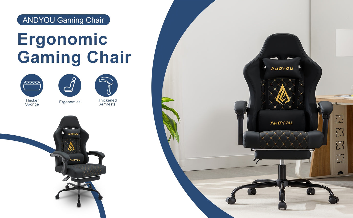 ANDYOU Ergonomischer Gamingstuhl mit Fußablage