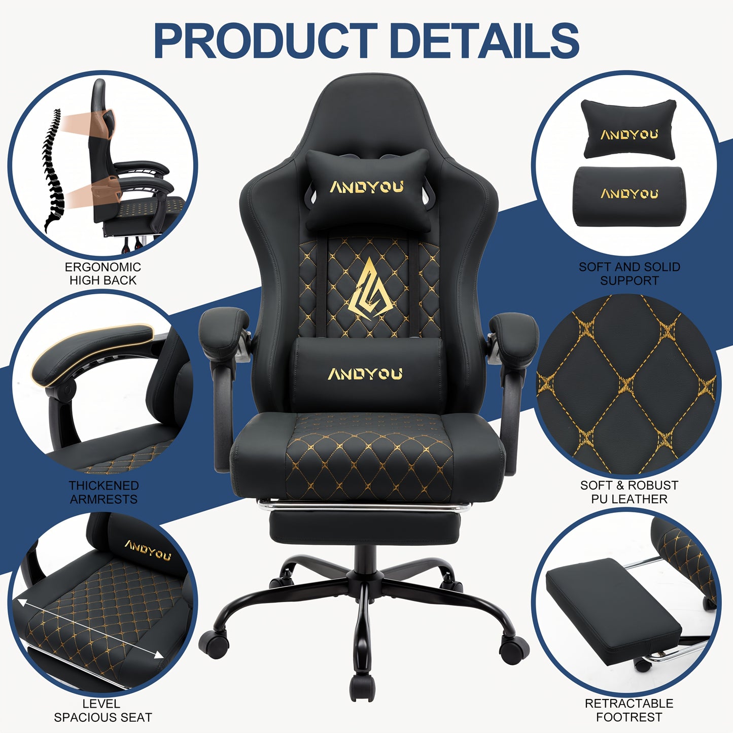 ANDYOU Ergonomischer Gamingstuhl mit Fußablage